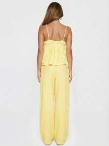 Sexy Camisole Top With Button Design, Sleeveless Striped Top And Wide Leg Pants Set, Home Wear, Photography, Vibrant Graduation Season, College Style, Spring/Summer New - Yellow - View 4