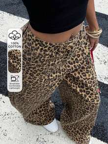 Jeans anchos y sueltos con estampado de leopardo, estilo casual y chic de la calle para uso diario - Marrón 4 - Ver 1