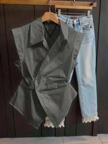 Blusa casual sin mangas con estampado de rayas para mujer, verano - Gris - Ver 4