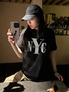 Camiseta de manga corta para mujer, estilo casual de verano, con estampado de la ciudad de Nueva York, estilo relajado y versátil, color negro, de alta calidad. - Negro - Ver 3