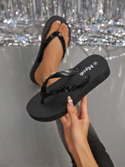 Sandalias de mujer de verano nuevas con tiras con strass negros puros, tira con adornos, tacón de cuña, suela antideslizante, cómodas para el hogar, la playa, paseos diarios, compras, citas, versátiles y estilizadoras, elegancia sin esfuerzo