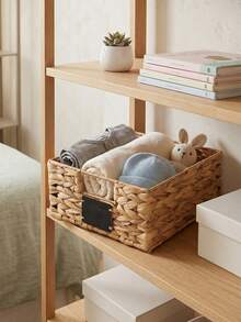 1pc Wicker Woven Storage Basket With Built-In Handle, Rattan Woven Organizer Basket For Shelves, Room Decor, Home Organization And Storage - Apricot - View 2
