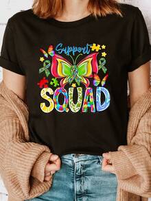 Elegant Daily Top Offers Autism-Themed Printed T-Shirts, Casual Short-Sleeved Crew Neck T-Shirts, And Stylish Women's Spring/Summer T-Shirts. - 黑色 - 查看 8