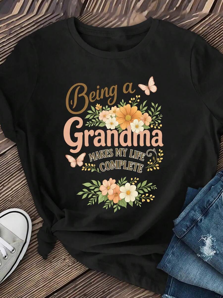 Women's Short-Sleeved T-Shirt With The Theme "Gift For Grandma", Casual Spring/Summer T-Shirt, Women's Clothing, Feminine Apparel. - 黑色 - 查看 1