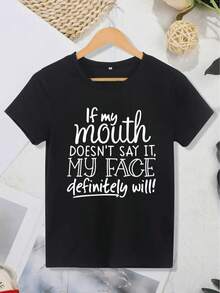 Si mi boca no lo dice, mi cara definitivamente lo dirá. Camiseta para Mujer Casual de Manga Corta 100% Algodón Pesado, Cuello Redondo Cómodo, Camisetas Suaves y Adorables. - Negro - Ver 2