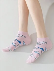 Bộ 5 đôi tất cổ thấp hình cá mập cho bé gái lớn, tất in hình động vật biển dễ thương, tất cotton không lộ cổ chân ngộ nghĩnh cho thiếu nữ, bộ tất cá mập thoáng khí thường ngày. - Nhiều màu - Xem 6