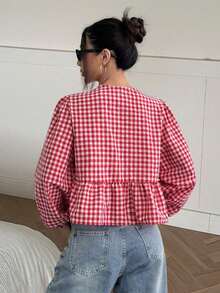 Blusa de cuello redondo de estilo vaquero, hippie y vintage para mujer, nueva llegada del verano 2025 - Rojo y blanco - Ver 2
