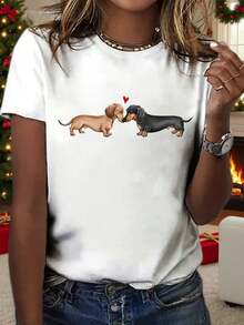 Camiseta Casual de Manga Corta para Mujer con Cuello Redondo - Estampado de Dos Perros Adorables, Suave y Lavable aáquina, Accesorio Temático de Mascotas para Looks de Todo el Año (No-) - Blanco - Ver 6