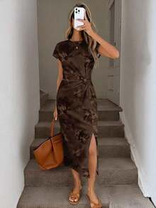 Vestido midi sin mangas con abertura alta, estampado elegante de lazo a rayas rosa, estilo minimalista casual; Vestido de punto de textura casual ajustado para mujer; Conjunto de fitness para mujer; Vestido de invitada de boda para mujer; Atuen - Multicolor 6 - Ver 6