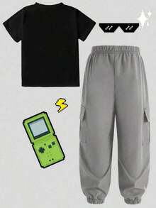 Conjunto de Camiseta de Manga Corta con Cuello Redondo y Pantalones Cargo con Estampado de Dibujos Animados para Niño - Blanco - Ver 2