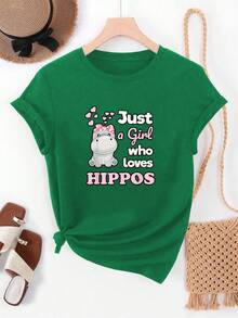 Camiseta de manga corta para mujer, estilo moderno minimalista, con estampado "Just a Girl who loves HIPPOS", informal de verano para uso diario. - Verde - Ver 7