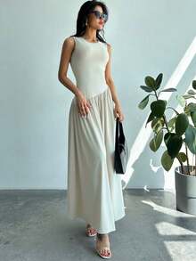 Vestido largo de mujer sin mangas, cuello redondo, cintura fruncida, unicolor, estilo minimalista - Albaricoque - Ver 6