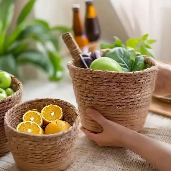 Cesta de almacenamiento tejida a mano, cesta de almacenamiento de paja para macetas, cesta de almacenamiento para decoración del hogar, cesta linda con forro de plástico, cestas para estantería