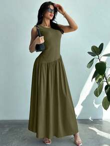 Vestido largo de mujer sin mangas, cuello redondo, cintura fruncida, unicolor, estilo minimalista - Verde militar - Ver 7
