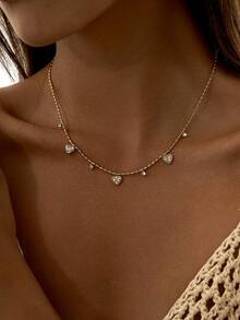 1 chiếc dây chuyền nữ, mặt dây chuyền hình trái tim bằng đồng khảm đá Zirconia tinh tế, đính hạt Zirconia và tua rua, phụ kiện đeo hàng ngày. - Vàng - Xem 1