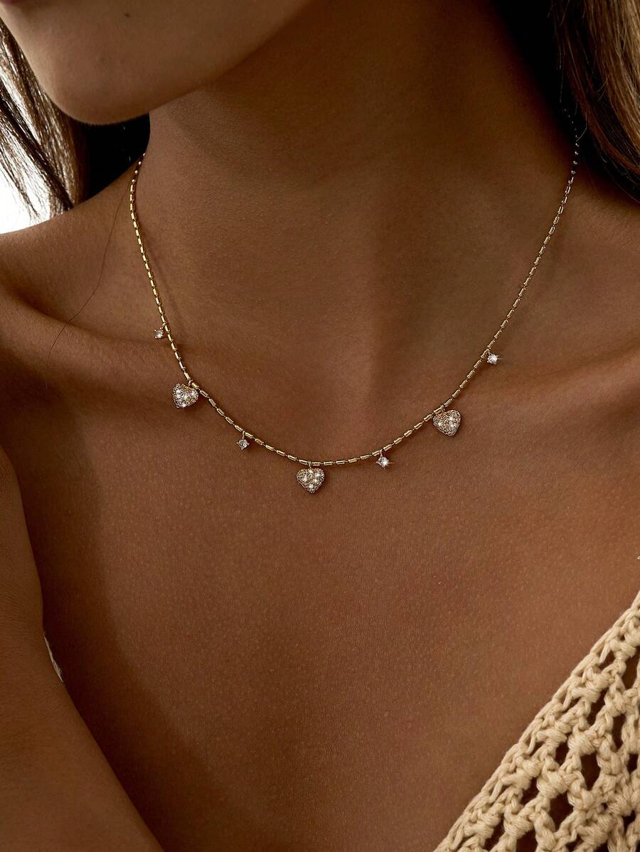1 chiếc dây chuyền nữ, mặt dây chuyền hình trái tim bằng đồng khảm đá Zirconia tinh tế, đính hạt Zirconia và tua rua, phụ kiện đeo hàng ngày. - Vàng - Xem 1