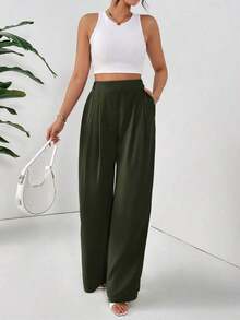 Pantalones básicos largos de mujer con pliegues plegados de unicolor y elegantes para el diario - Verde militar - Ver 7
