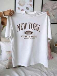 Playera para Mujer New York Queens - Estilo Universitario Vintage Oversize Blanco100% Cotton - Blanco - Ver 2