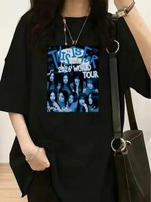 TWICE 'THIS IS FOR 2026 WORLD TOUR' Casual T-Shirt With World Tour Themed Graphic Design - Women's Fashion T-Shirt, Crew Neck, Short Sleeve, Soft, Loose Fit, Fashion Essential, 100% Cotton, Durable - 黑色 - 查看 7