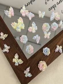 30入漸層馬卡龍3D蝴蝶玫瑰樹脂美甲飾品，亮面閃粉彩色美甲裝飾，可愛日系仙女風美甲配件，適合春夏DIY美甲，Y2K多巴胺風，女性與女孩適用，派對與日常使用 - 彩色 - 查看 3