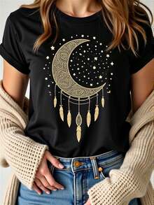 Women's Bohemian Style Pure Cotton T-Shirt With Moon And Stars Print - Featuring A Dreamcatcher And Crescent Moon Design, Casual Short-Sleeved Top With A Semi-Sheer Round Neck, 100% Comfortable For All Seasons, Suitable For Daily Wear And Themed Occasions - Machine Washable Bohemian Style T-Shirt, Spring Fashion, Whimsical Design, Soft Fabric, Printed Shirt, A Great Choice For Holiday Parties. - 黑色 - 查看 8