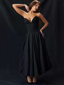 Vestido primaveral strapless con corsé estructural espalda descubierta corte A elegante sensual y moderno estilo moda europea para mujer - Negro - Ver 8