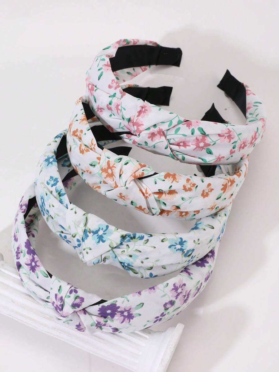 4入女款髮箍,極簡波希米亞風碎花設計,粉色、紫色、藍色、黃色,適合日常、海灘、派對、裝飾髮帶 - 彩色 - 查看 1