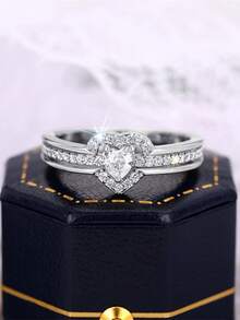 1pc Fashion Heart-Shaped Synthetic Cubic Zirconia Ring, Eternal Love Symbol, Suitable For Daily Wear, Valentine's Day Gift, Wedding And Party Jewelry Designed Specifically For Women - golden - View 2
