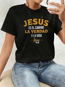 Camiseta Mujer Casual Manga Corta Cuello Redondo Moda 2026 Esta camiseta estampada utiliza una frase bíblica para expresar fe, esperanza y amor, simbolizando a Jesús como el camino, la verdad y la vida, inspirando fe y fortaleza espiritual. Camiseta de mujer, 100% algodón. Camiseta de manga corta Cozy Soft Simple para uso diario. - Negro - Ver 7