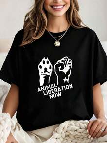 Women's Vintage Animal Liberation T-Shirt, Animal Rights, Vegan T-Shirt, Graphic Tees For Women, Crop Tops, Sets, Tops, Fashion Gothic Style T-Shirt - 黑色 - 查看 1