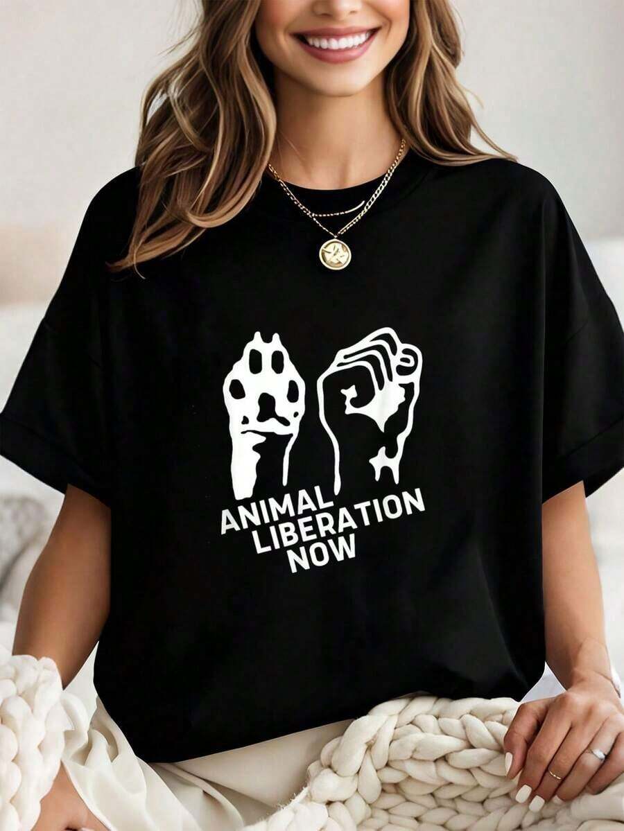 Women's Vintage Animal Liberation T-Shirt, Animal Rights, Vegan T-Shirt, Graphic Tees For Women, Crop Tops, Sets, Tops, Fashion Gothic Style T-Shirt - 黑色 - 查看 1