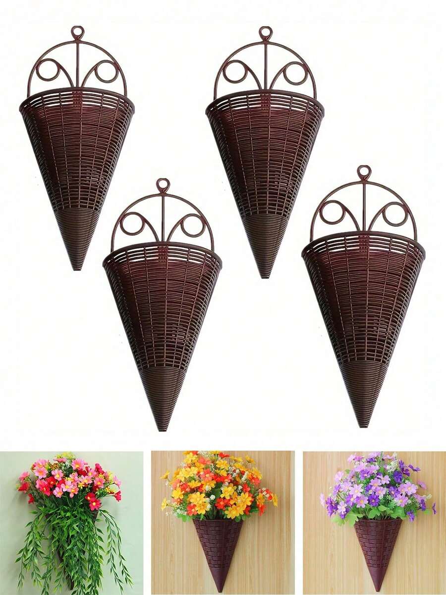 3 buah/1 buah Pot Gantung Dinding Rotan Imitasi Vintage, Keranjang Anggrek Gaya Rotan Vintage Cocok untuk Dekorasi Rumah, Pot Tanaman Vintage Cocok untuk Taman dan Dekorasi Rumah, Pot Kerucut Rotan Imitasi Plastik, Pot Gantung Dinding, Pot Pagar Balkon - A - View 1