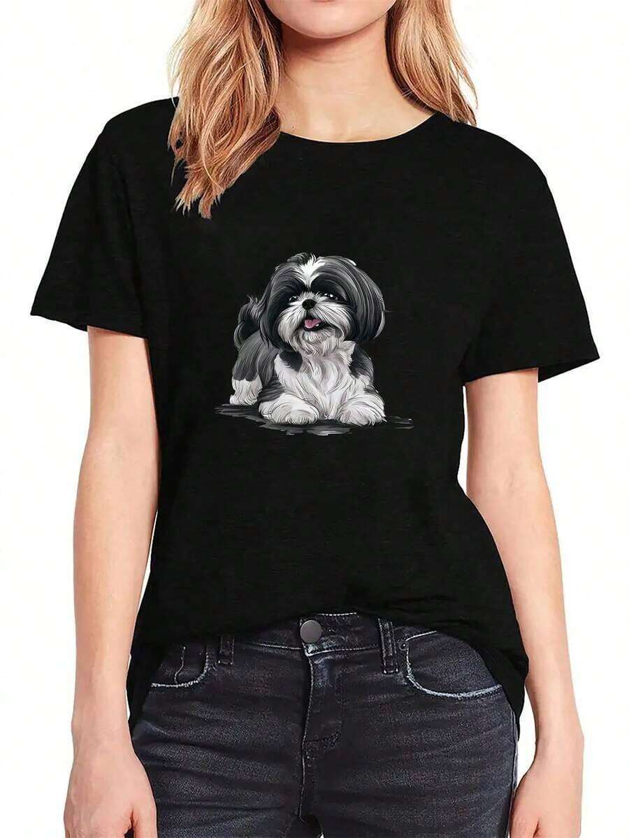 [Sports T-Shirt] Women's Casual Crew Neck T-Shirt With Shih Tzu Dog Print, Medium Stretch Polyester Blend, Knit Fabric, Short Sleeve T-Shirt For All Seasons. Relaxed Fit Plus Size T-Shirt. - 黑色 - 查看 1