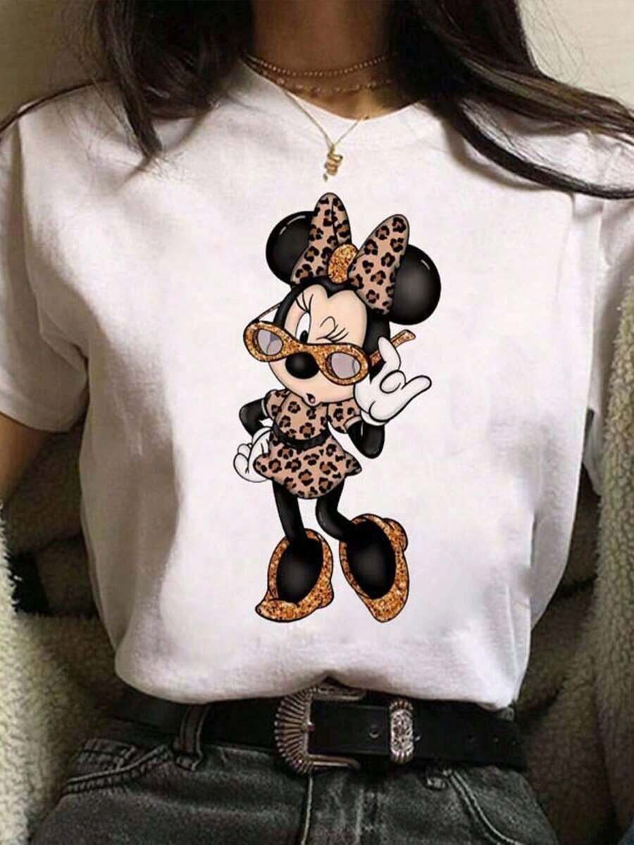 Disney Leopard Print Minnie Mouse T-Shirt, Officially Licensed Disney Short-Sleeve T-Shirt For Women, Perfect For A Stylish Casual Look In Spring And Summer. - 白色 - 查看 1