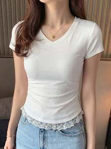 Camiseta básica de mujer de manga corta, cuello redondo, unicolor blanco, para primavera/verano, estilo casual de oficina - Blanco 4 - Ver 7