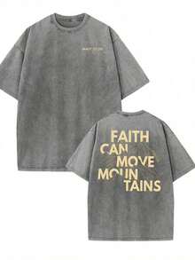 Faith Can Move Mountains, Letter Print, High Quality Washed T-Shirts, Modern And Versatile Tees, Men's Outerwear. (Retro Style, Heavyweight, Unisex) - 灰色 - 查看 7