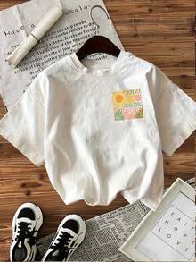 Women's T-Shirts, Summer Tops, Graphic Print T-Shirt, Short-Sleeved Crew Neck Casual Top For Summer & Spring, Women's Clothing, Cotton T-Shirt, Women - White - View 2