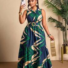 Plus Size Women's Spring/Summer Sleeveless Shirt Dress - Front Button Design With Pleated Maxi Dress, Casual Office Wear; Tropical Print Sleeveless Elastic Waist Dress - Summer Beach Holiday Outfit Elegant - Verde azulado - Ver 2