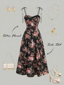 Vestido con abertura y lazo floral - Negro 2 - Ver 2