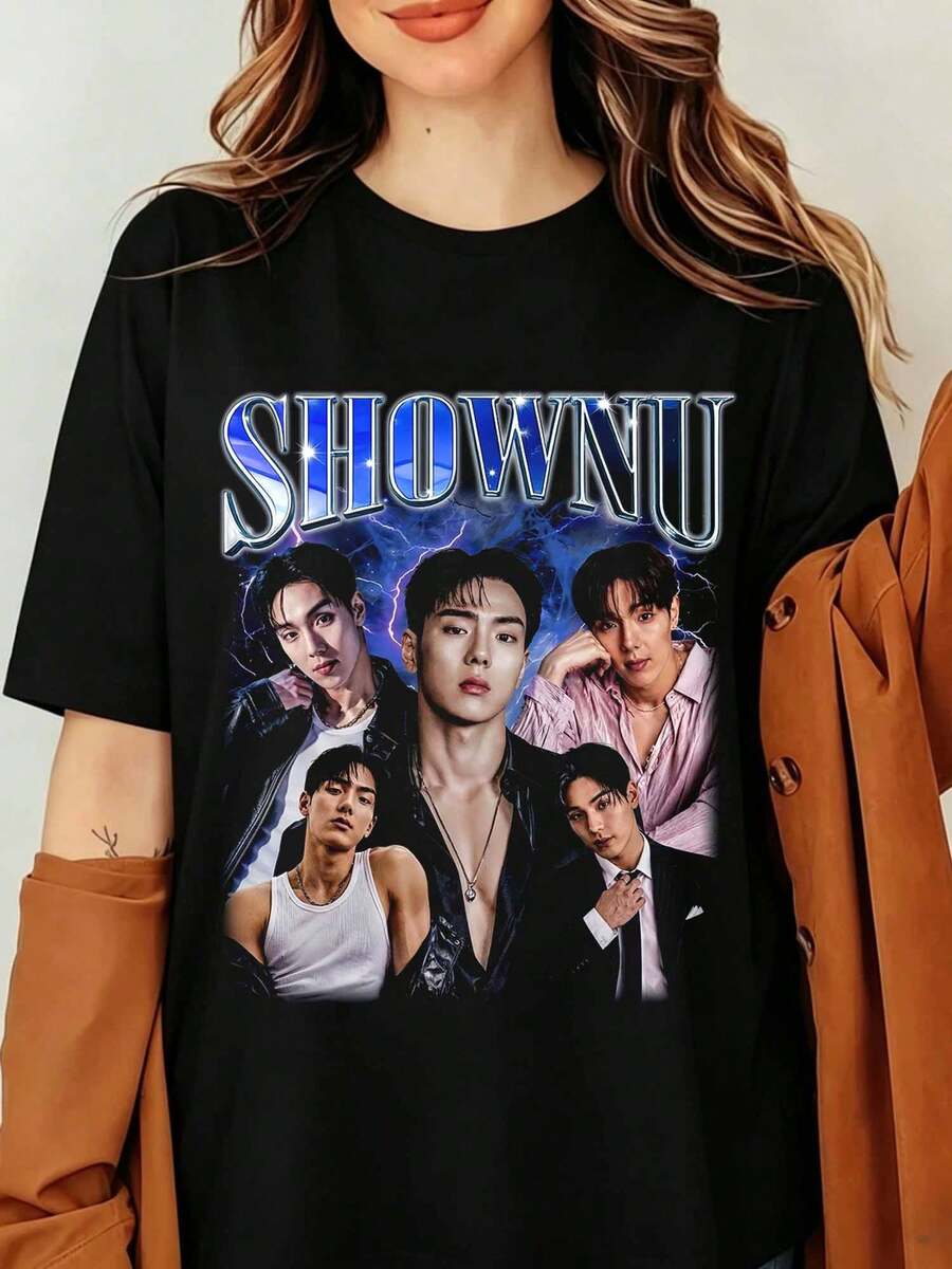 YUNHO ATEEZ K-pop medlem T-shirt, Vintage 90-talsporträtt grafisk T-shirt, Estetisk lila metalllogotyp Idol fotomerchandise, ATINY Fandom Streetwear Unisex, Retro Shownu Monsta X T-shirt, Monsta X The X albumtröja - Svart - Visa 1
