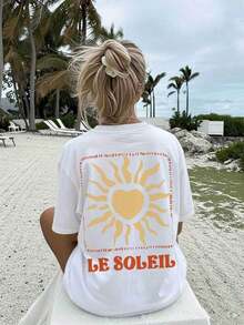 Gift[Impresión a Doble Cara] Camiseta de Playa Casual de Moda para Mujer, Primavera y Verano, Estilo Bohemio, con Estampado de Sol y Corazón, LE SOLEIL, Cuello Redondo, Manga Corta, Hombros Caídos, Talla Grande para Mujer [Chu K]Soft - Blanco - Ver 4