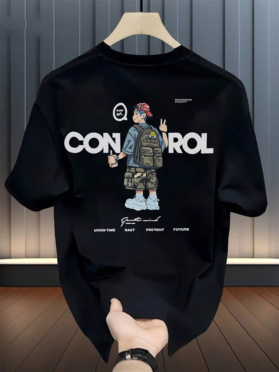 Camiseta de manga corta estampada unisex de marca de moda, de algodón puro grueso, estilo coreano y japonés, versátil para hombre y mujer. - Negro - Ver 1