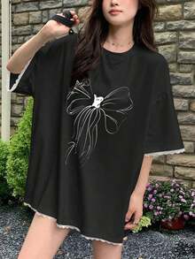 Camiseta de manga corta , holgada, con cuello redondo, estampada, de gran tamaño, 100% algodón. - Negro - Ver 4