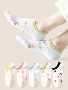 5 pares de calcetines cortos para mujer con estampado de flores, lazo y diseño de cereza, antideslizantes, sencillos y cómodos, adecuados para las estaciones de primavera y verano - Multicolor - Ver 7