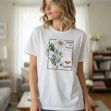 Camiseta de algodón puro con estampado de girasoles para mujer, manga corta, cuello redondo, estilo casual, corte holgado, camiseta gráfica, tallas S-5XL, camiseta básica con diseño de margaritas para verano, suave para uso diario, camisa con diseño alegre y soleado para damas, camiseta con estampado de letras para mujer, cuello redondo, manga corta, estilo casual. - Blanco - Ver 6