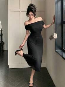 Vestido de hombros abiertos de unicolor, vestido de fiesta elegante para cumpleaños, Año Nuevo, baile de graduación, vestido de cóctel de hombros descubiertos de largo maxi - Negro - Ver 2