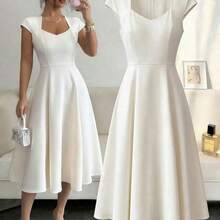 Elenzya Women's Solid Color Square Neck V-Neck Waist Flared Hem Short Sleeve Apricot Mid-Length Dress, Elegant French Retro Formal Office Commute Business Casual Beach Resort Afternoon Tea Street Minimalist Versatile Vintage Australian Home Outing Party Luxury Spring Summer New Best Selling Dresses Women Dress High Quality Dress Women Dresses Elegant Classic Women's Formal Wear Dress - Café integral - Ver 2