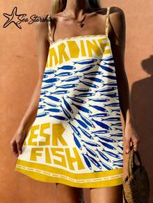 Vestido casual y versátil con tirantes de espagueti, estampado tropical de sardinas, letra y diseño de estrella de mar brillante en estilo bohemio para vacaciones de primavera/verano en la playa para mujeres - Amarillo azul - Ver 3