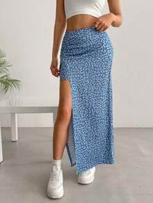 Falda larga con diseño floral pequeño y abertura en el dobladillo - Azul - Ver 1