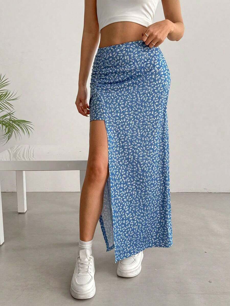 Falda larga con diseño floral pequeño y abertura en el dobladillo - Azul - Ver 1